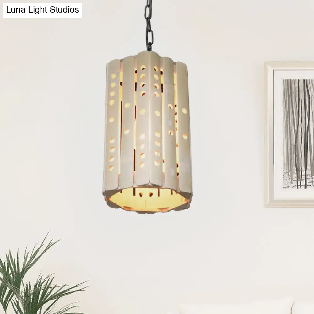 Modern Bamboo Cylinder Suspension Pendant Light - Single Bulb Porch Hanging Lamp in Beige