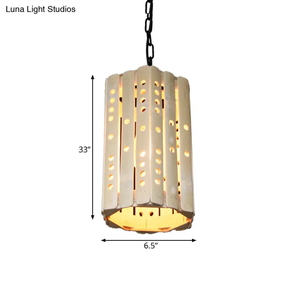 Modern Bamboo Cylinder Suspension Pendant Light - Single Bulb Porch Hanging Lamp in Beige