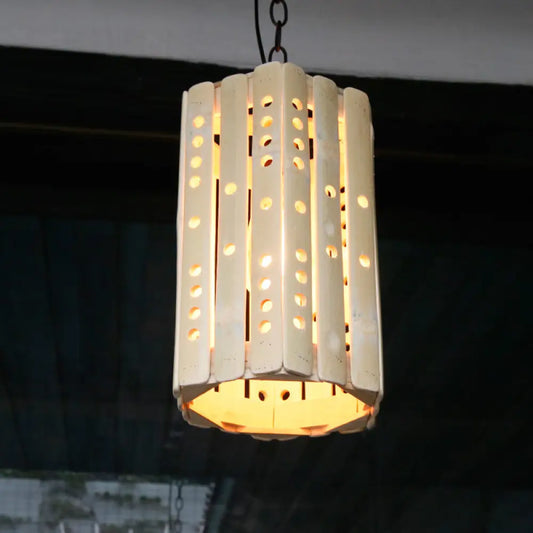 Modern Bamboo Cylinder Suspension Pendant Light - Single Bulb Porch Hanging Lamp in Beige