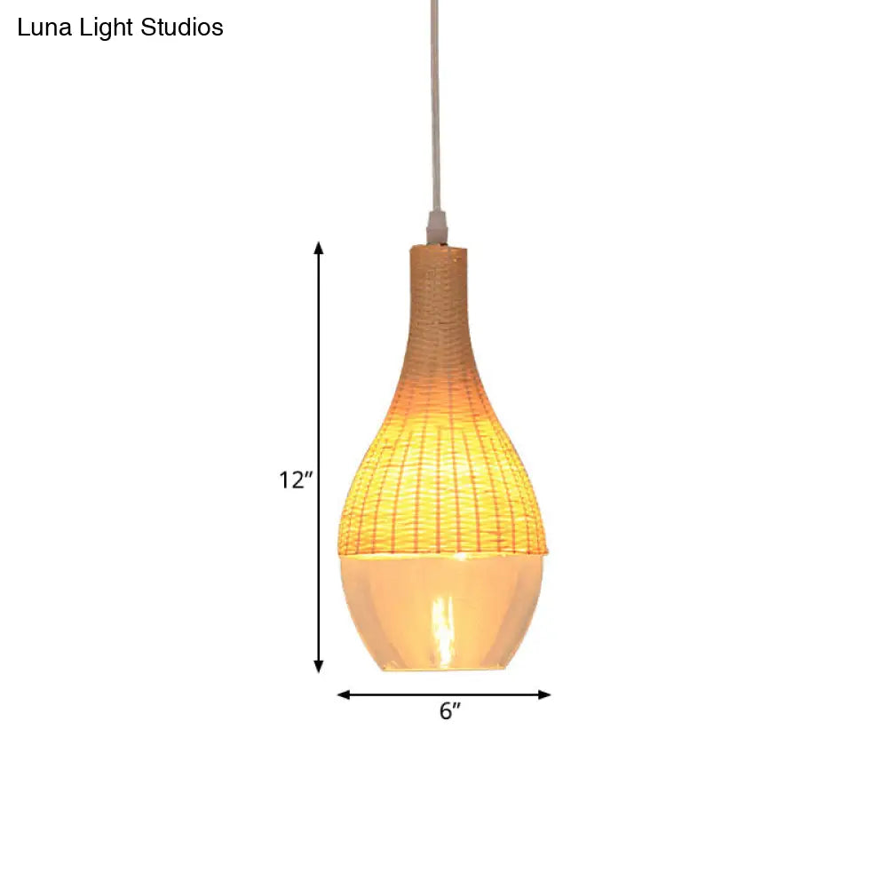 Modern Bamboo Hanging Pendant Light - 6"/10" Wide, Teardrop/Onion, Single Light, Yellow Suspension Lamp with Clear Glass Shade