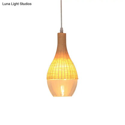 Modern Bamboo Hanging Pendant Light - 6"/10" Wide, Teardrop/Onion, Single Light, Yellow Suspension Lamp with Clear Glass Shade