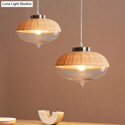 Modern Bamboo Hanging Pendant Light - 6"/10" Wide, Teardrop/Onion, Single Light, Yellow Suspension Lamp with Clear Glass Shade