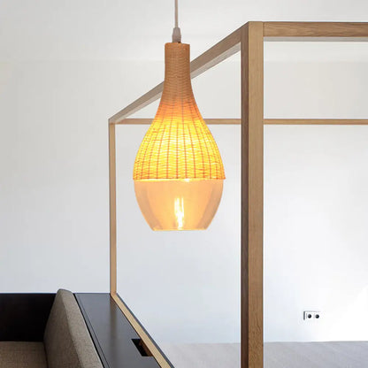 Modern Bamboo Hanging Pendant Light - 6"/10" Wide, Teardrop/Onion, Single Light, Yellow Suspension Lamp with Clear Glass Shade