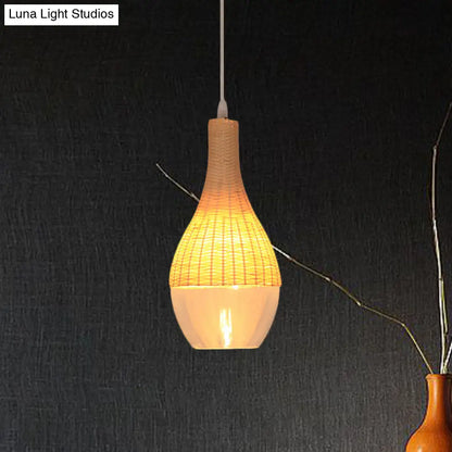 Modern Bamboo Hanging Pendant Light - 6"/10" Wide, Teardrop/Onion, Single Light, Yellow Suspension Lamp with Clear Glass Shade