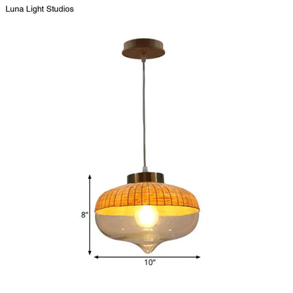 Modern Bamboo Hanging Pendant Light - 6"/10" Wide, Teardrop/Onion, Single Light, Yellow Suspension Lamp with Clear Glass Shade