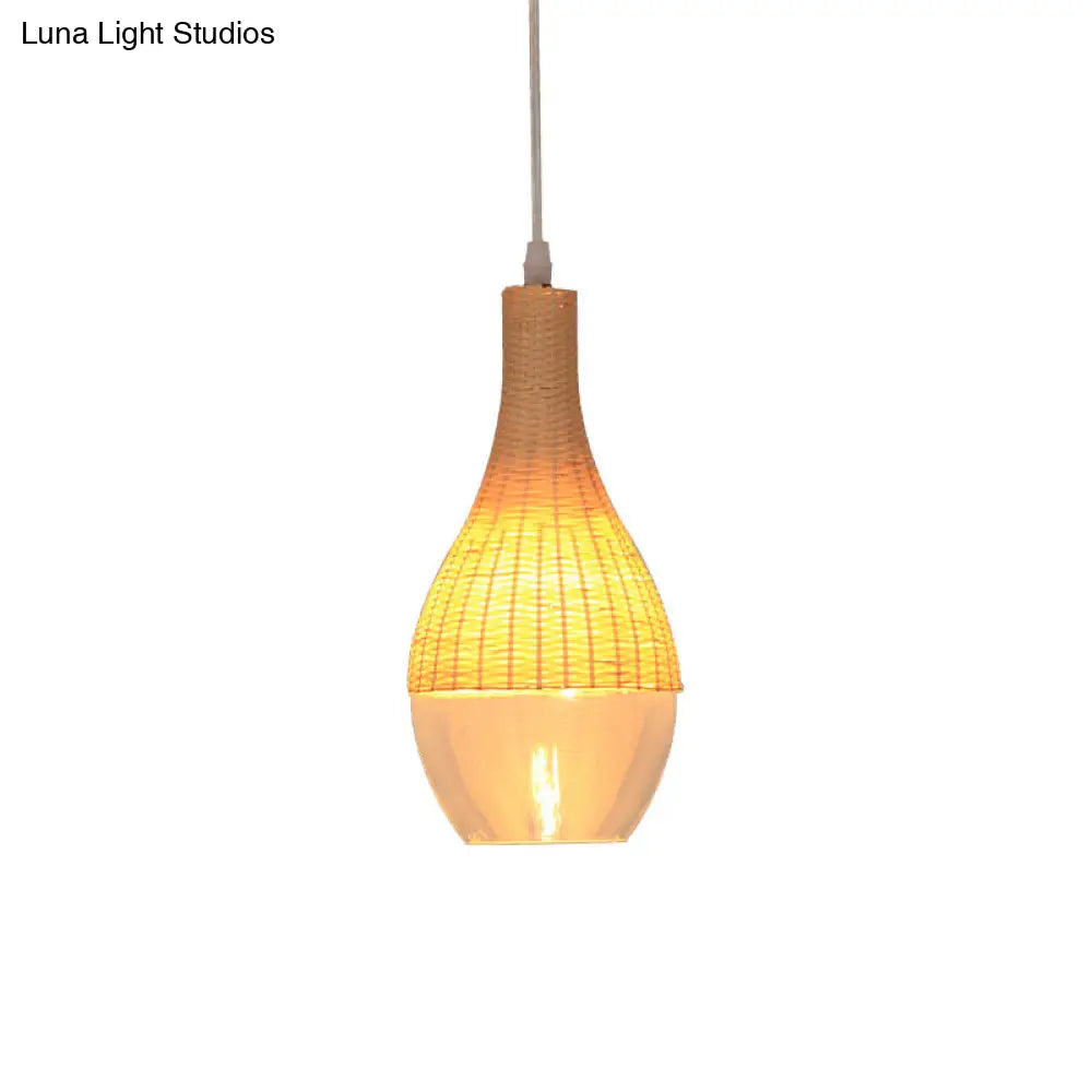 Modern Bamboo Hanging Pendant Light - 6"/10" Wide, Teardrop/Onion, Single Light, Yellow Suspension Lamp with Clear Glass Shade