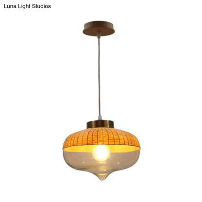 Modern Bamboo Hanging Pendant Light - 6"/10" Wide, Teardrop/Onion, Single Light, Yellow Suspension Lamp with Clear Glass Shade