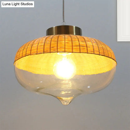 Modern Bamboo Hanging Pendant Light - 6"/10" Wide, Teardrop/Onion, Single Light, Yellow Suspension Lamp with Clear Glass Shade