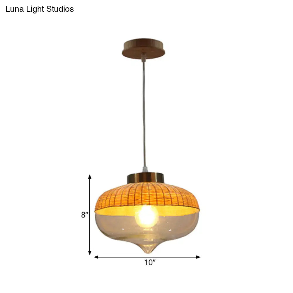 Modern Bamboo Hanging Pendant Light - 6"/10" Wide, Teardrop/Onion, Single Light, Yellow Suspension Lamp with Clear Glass Shade