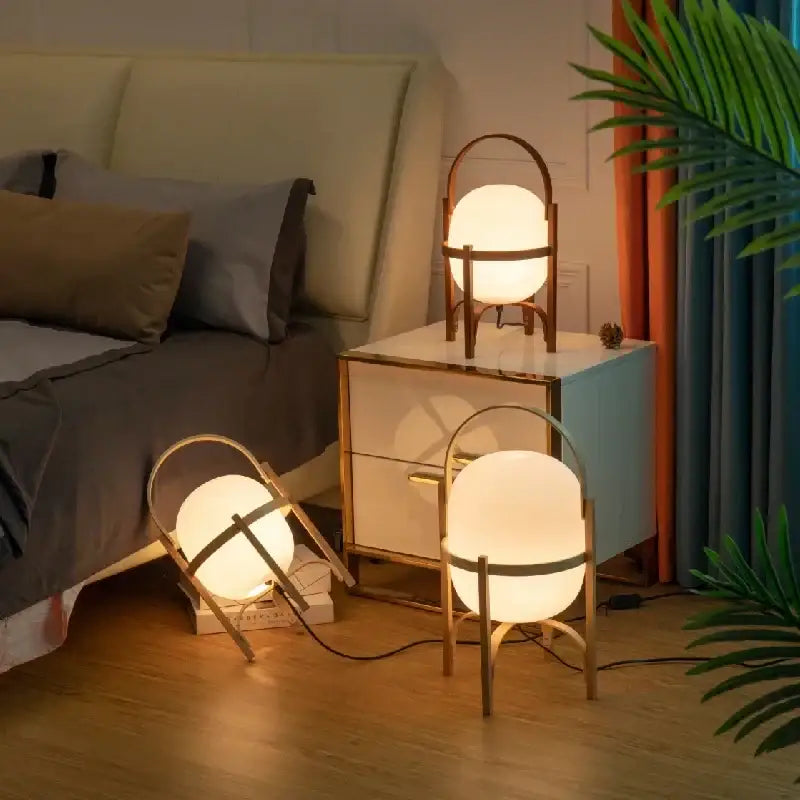 Three modern bamboo led desk lamps with frosted glass shades and minimalist wooden frames for decorbites bamboo led decor