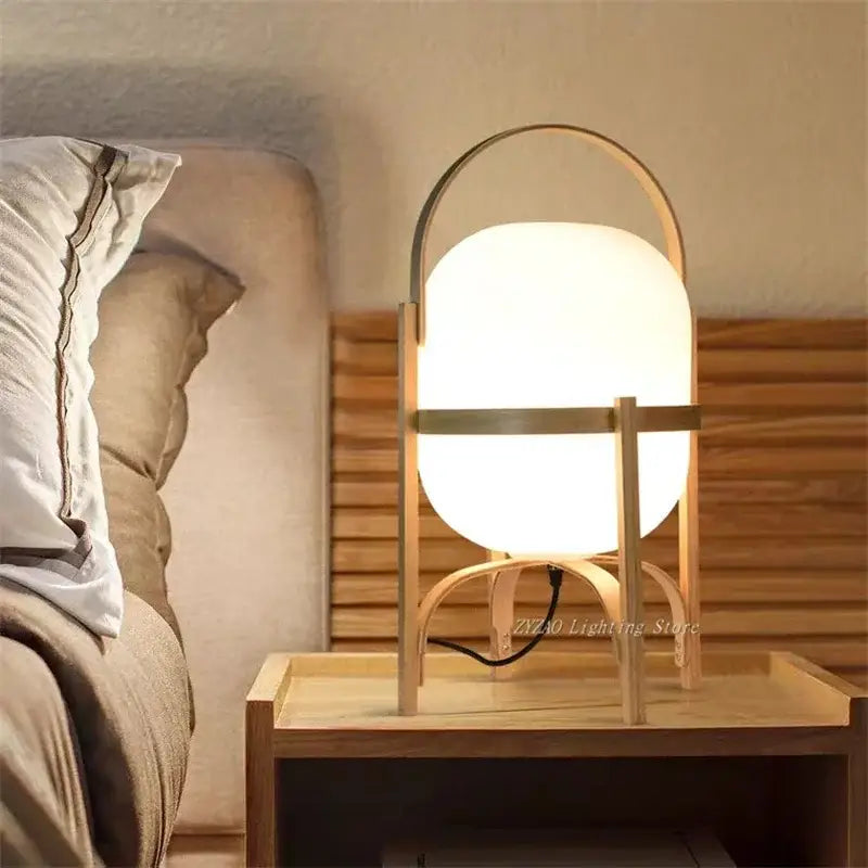 Modern bamboo led desk lamp with warm frosted glass globe on minimalist wooden and brass frame for decorbites bamboo led desk