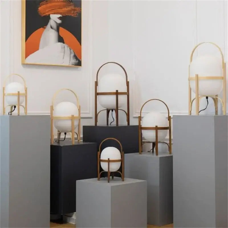 Modern bamboo led desk lamp with white spherical glass shade and minimalist wooden frame for decorbites bamboo led desk use