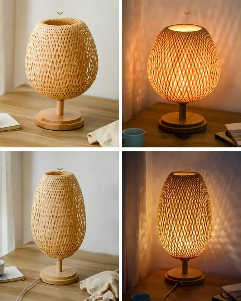 Modern bamboo weave table lamp with warm glowing light on a sturdy wooden base for bedroom use