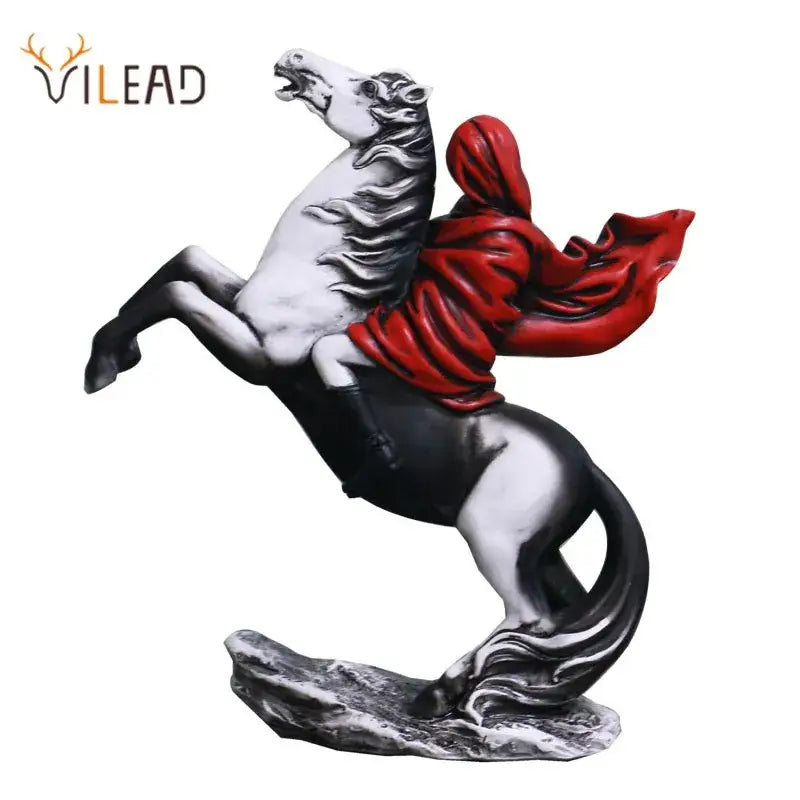 Vilead resin modern banksy red knight statue of rearing black and white horse with rider in vibrant red fabric for decor
