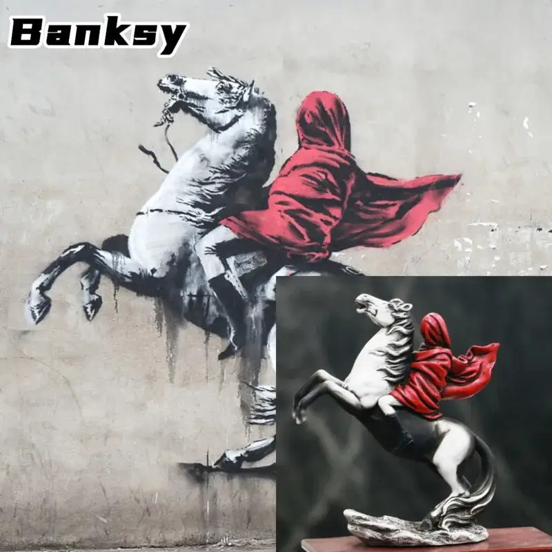 Glossy red knight statue with black and white horse figurine sculpted in dynamic motion for living room decor