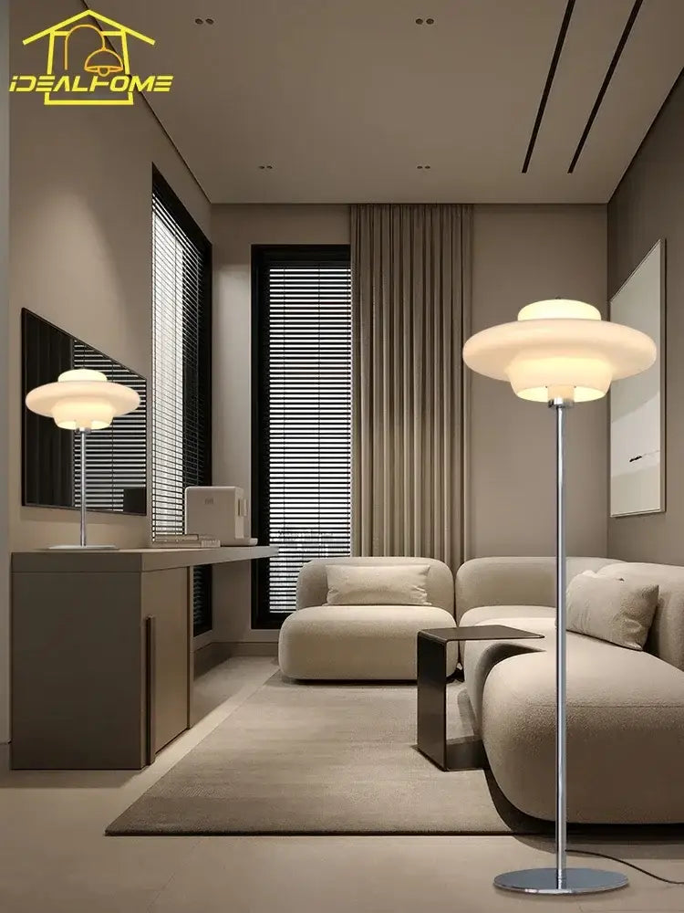 Modern bauhaus cream glass floor lamp with sleek tiered white glass shade and polished chrome stand for living room decorbites cream glass