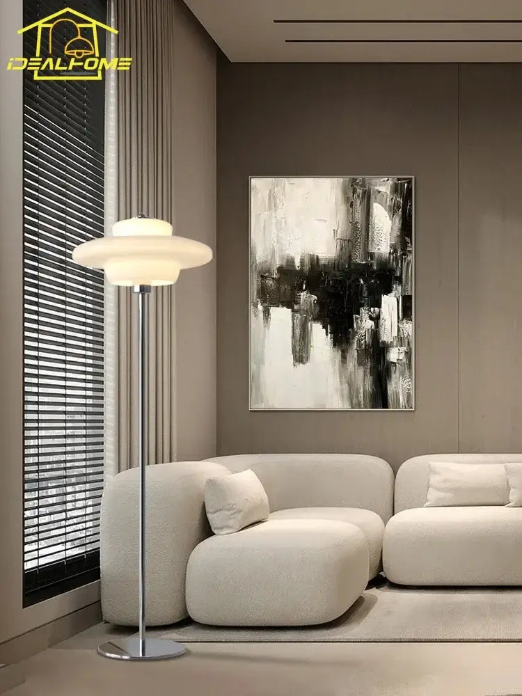 Modern floor lamp with sleek chrome stand and decorbites cream glass bauhaus layered frosted shades for living room