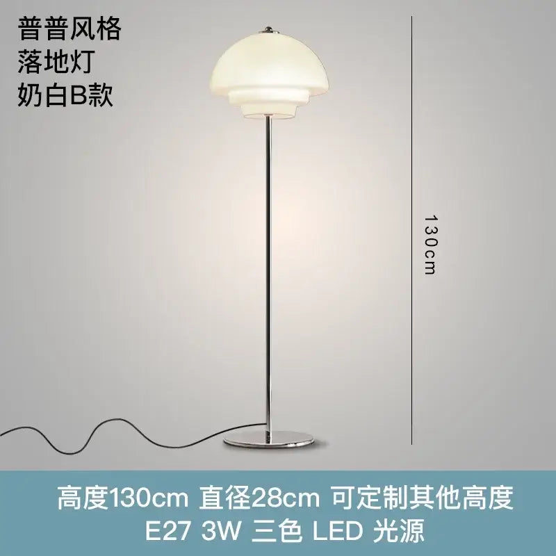Modern bauhaus cream glass floor lamp with milk-white dome shade and chrome pole for living room decorbites cream glass lighting