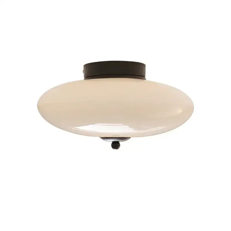 Modern bauhaus cream white glass ceiling lamp with cream-colored frosted glass and dark bronze metal base