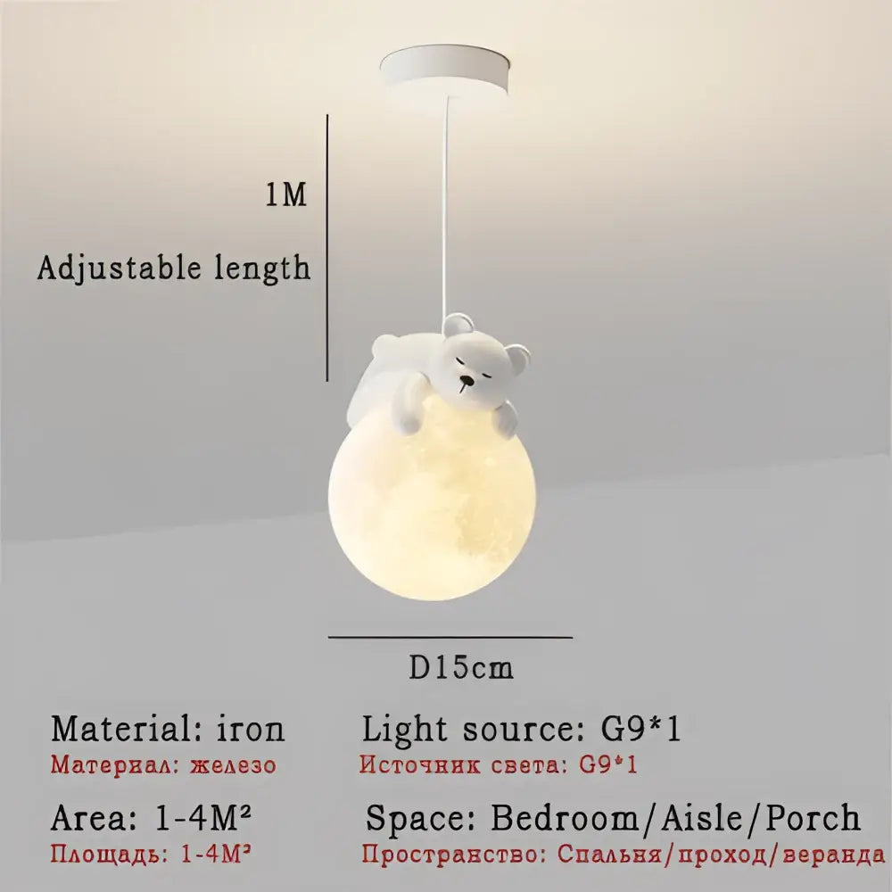 Modern bear led pendant light featuring a white polar bear design with iron material and a glowing moon base