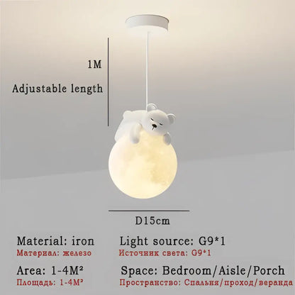 Modern bear led pendant light featuring a white polar bear design with iron material and a glowing moon base