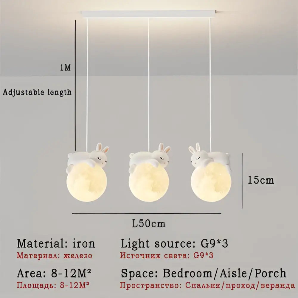 Modern bear led pendant light featuring white rabbit-themed iron pendant lights with moon-shaped bases for bedroom use