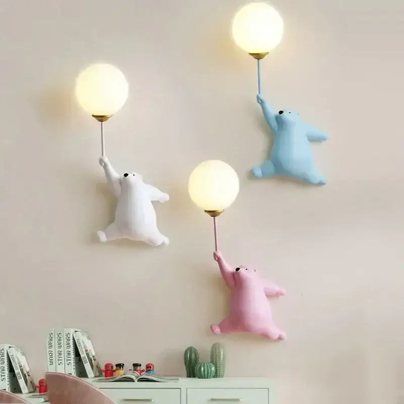 Cute polar bear wall lamp in white light blue and pink holding glowing bulbs for kids bedroom bear moon wall decor