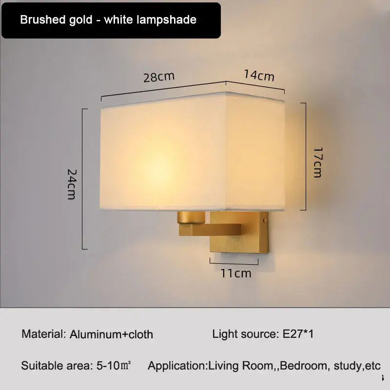 Brushed gold wall lamp with rectangular white lampshade for elegant beige and black bedroom wall lamp use
