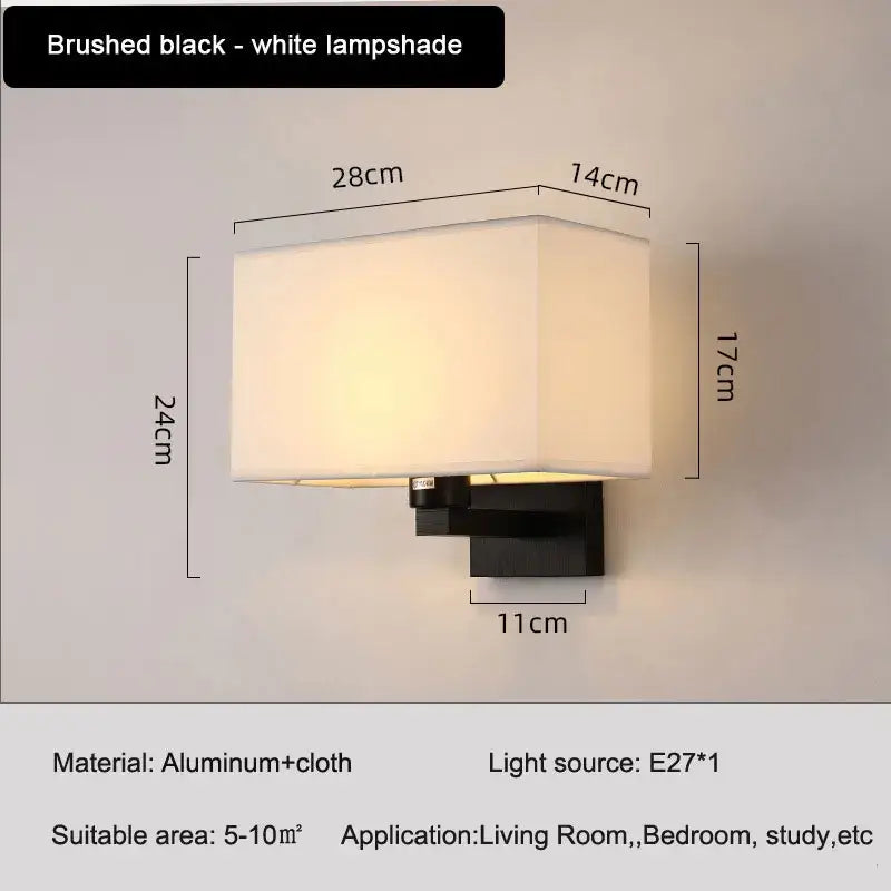 Brushed black and white rectangular wall lamp with fabric shade for elegant bedroom wall lighting