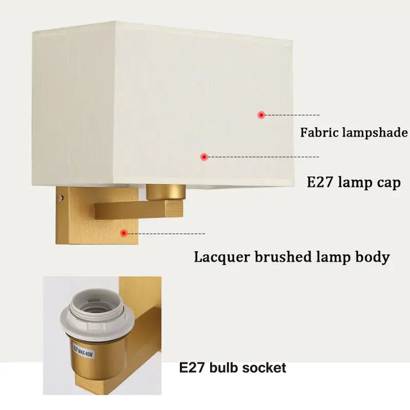 Modern beige and black elegant bedroom wall lamp with gold-finished wall lamp and rectangular off-white fabric shade