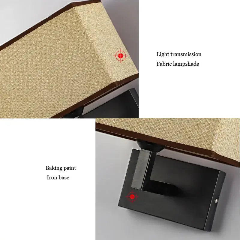 Modern beige and brown hotel fabric wall lamp with beige fabric shade dark brown wooden trim and black iron base decorbites hotel fabric wall