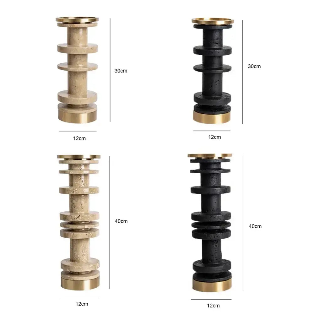 Modern beige and brown travertine candle holder with metal base and brass accents for dining room decorbites beige brown