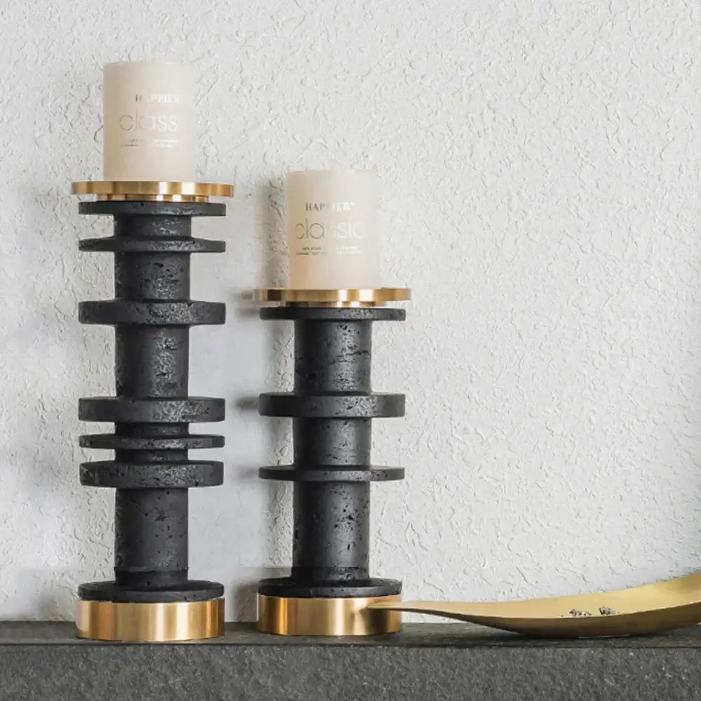 Modern beige and brown travertine candle holder with black and gold metal base and industrial decorbites beige brown design