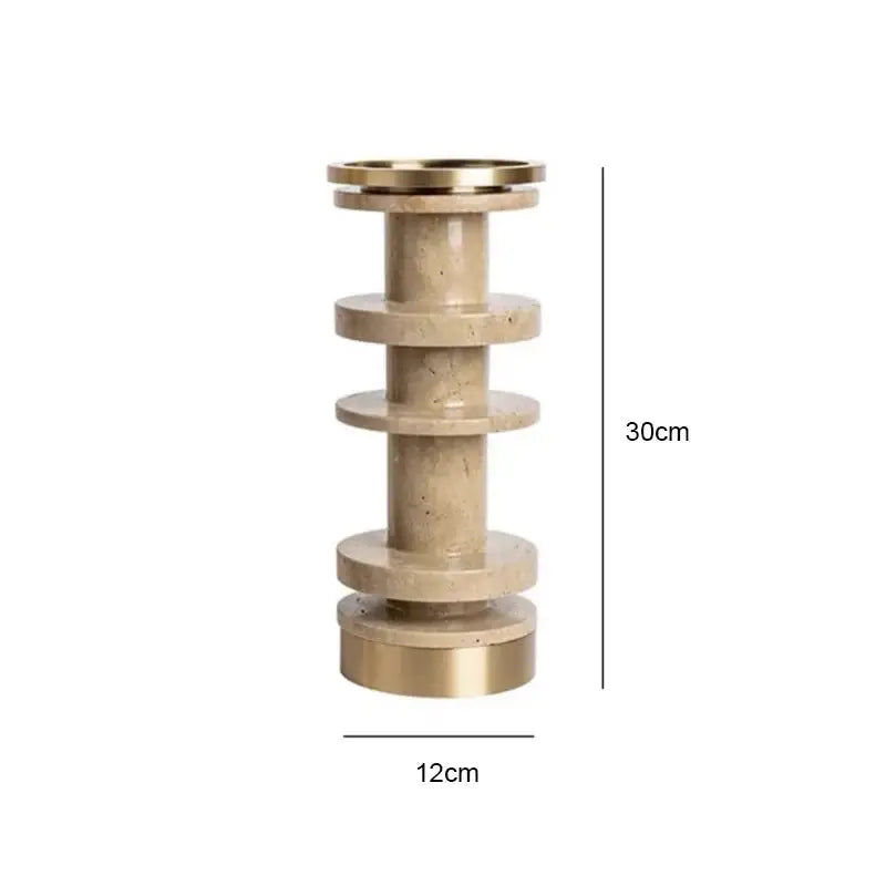 Modern beige and brown travertine candle holder with metal base 30cm tall tiered design by decorbites beige brown