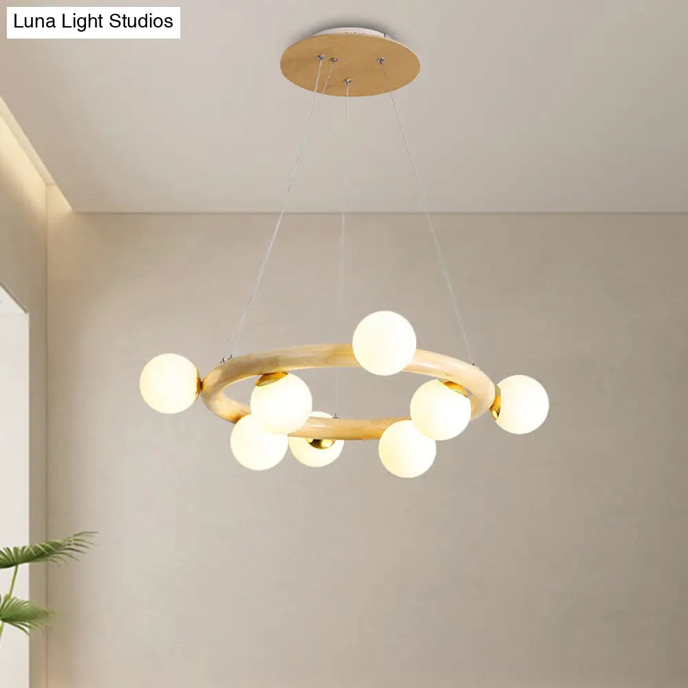 Modern Beige Ceiling Lamp with Frosted Glass Chandelier and Wood Circular Design – 8/10 Bulbs