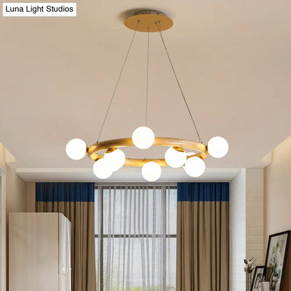 Modern Beige Ceiling Lamp with Frosted Glass Chandelier and Wood Circular Design – 8/10 Bulbs