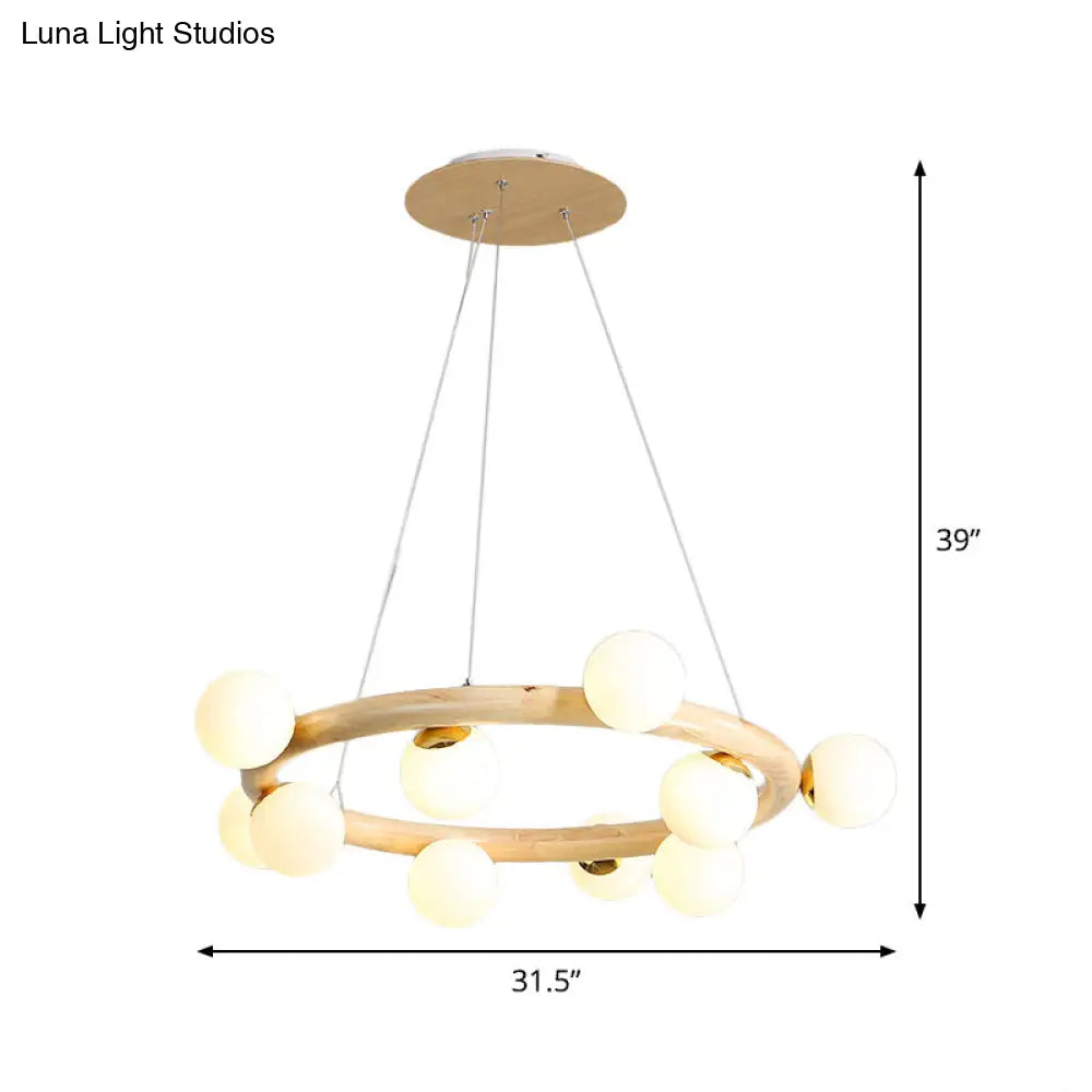 Modern Beige Ceiling Lamp with Frosted Glass Chandelier and Wood Circular Design – 8/10 Bulbs