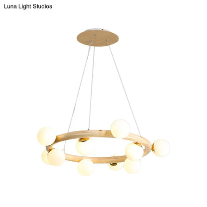 Modern Beige Ceiling Lamp with Frosted Glass Chandelier and Wood Circular Design – 8/10 Bulbs