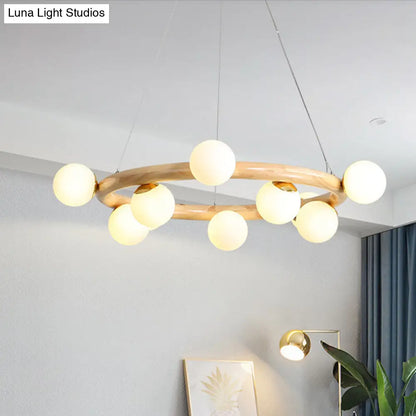 Modern Beige Ceiling Lamp with Frosted Glass Chandelier and Wood Circular Design – 8/10 Bulbs