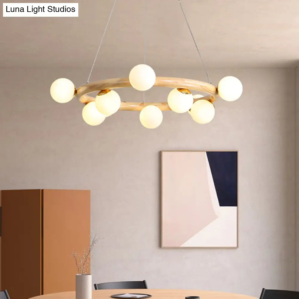 Modern Beige Ceiling Lamp with Frosted Glass Chandelier and Wood Circular Design – 8/10 Bulbs