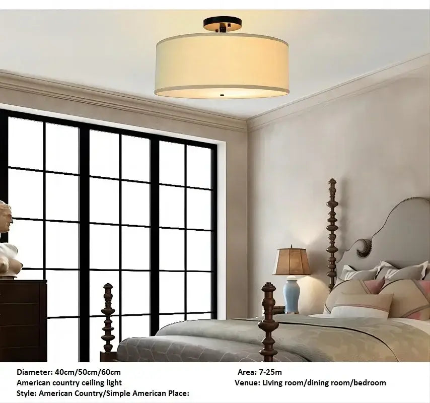 Cream-colored drum-shaped ceiling light with black metal fixture featuring decorbites country fabric led design
