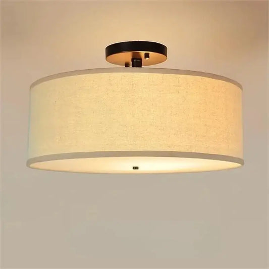 Modern beige decorbites country fabric led ceiling light with cylindrical fabric shade and black metal mounting base