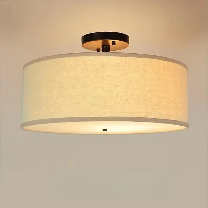 Modern beige decorbites country fabric led ceiling light with cylindrical fabric shade and black metal mounting base