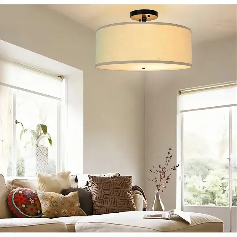 Modern beige decorbites country fabric led ceiling light with cream cylindrical shade and black metal fixture for dining room