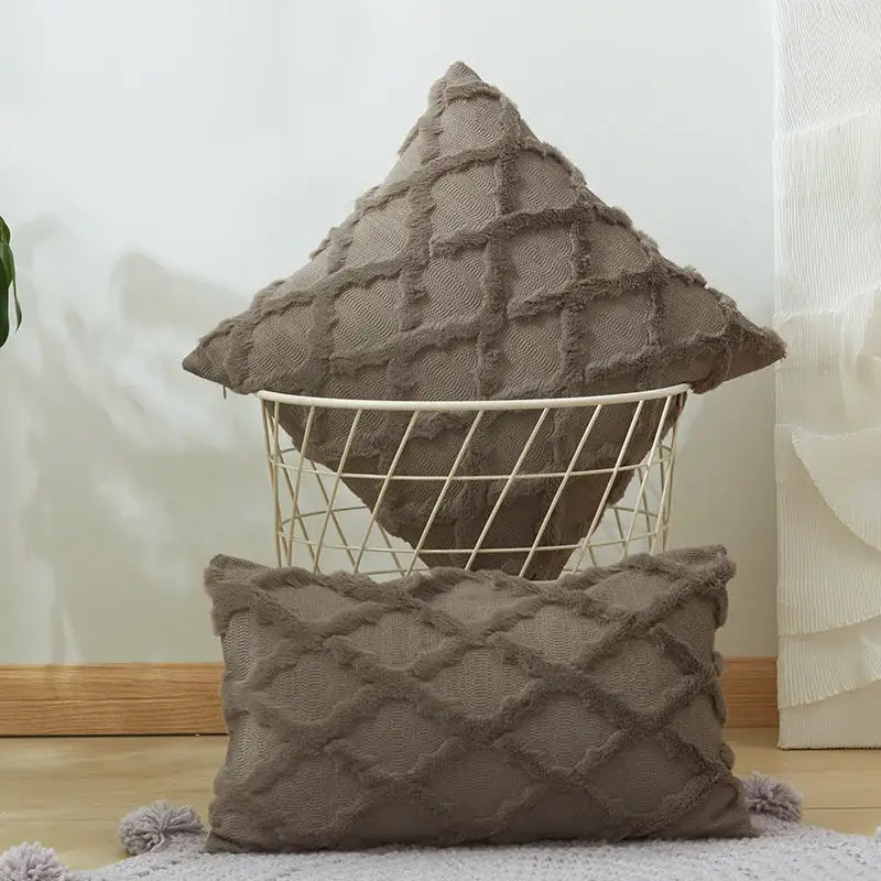 Modern beige cushion cover with diamond solid embroidery and frayed edges for living room decor