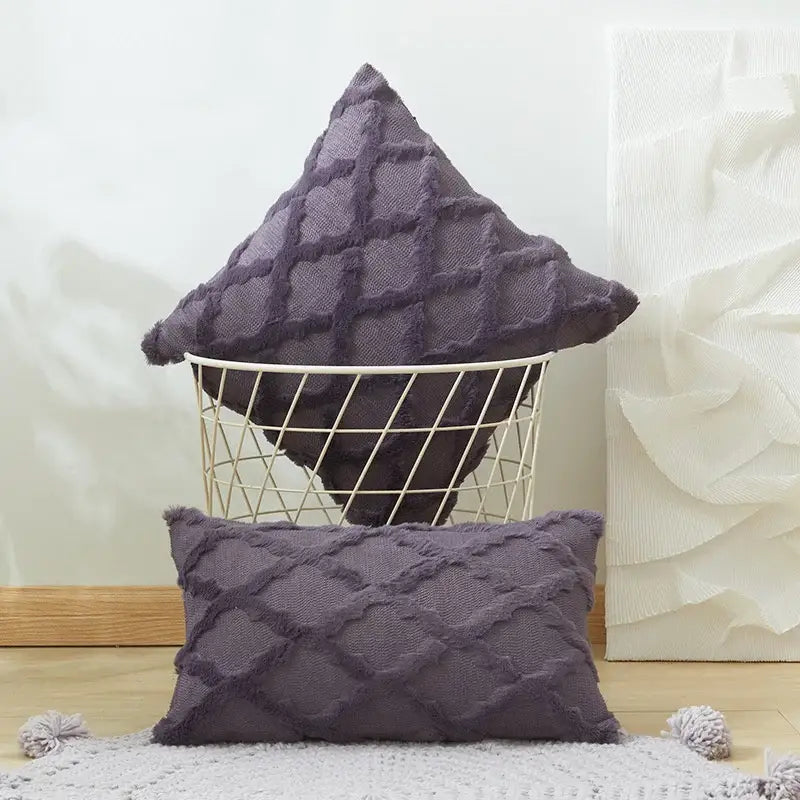 Purple textured throw pillows with diamond solid embroidery and frayed edges for modern cushion cover use