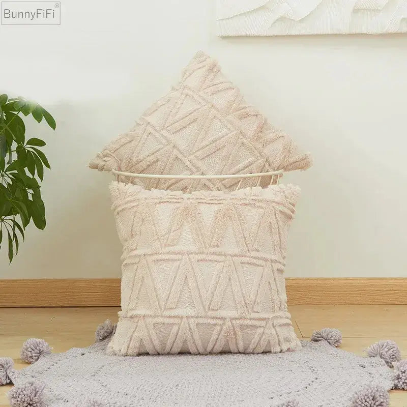 Modern beige diamond solid embroidery cushion cover with textured geometric pattern and fringed edges for living room