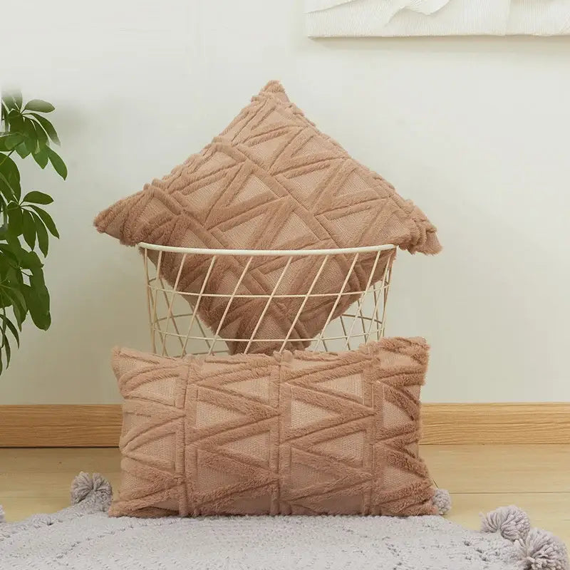 Beige textured throw pillows with diamond solid embroidery cushion cover and fuzzy tassels for living room decor