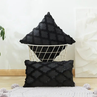 Black textured throw pillows with diamond solid embroidery and frayed edges cushion cover for living room decor