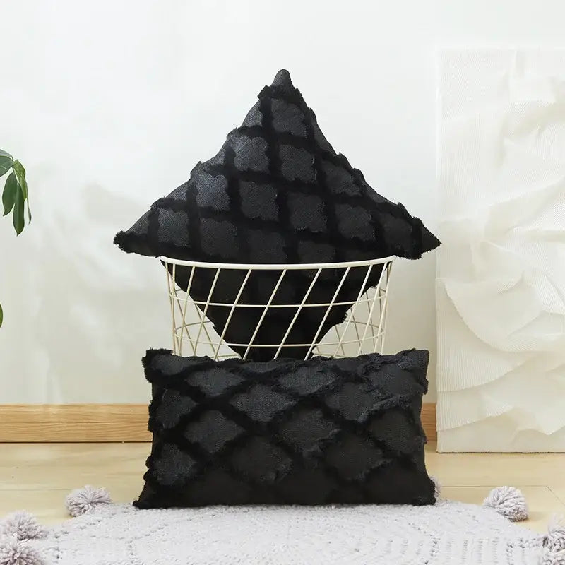 Black textured throw pillows with diamond solid embroidery and frayed edges cushion cover for living room decor